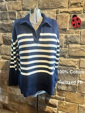 Gap Relaxed Navy & White Striped Cotton Sweater M